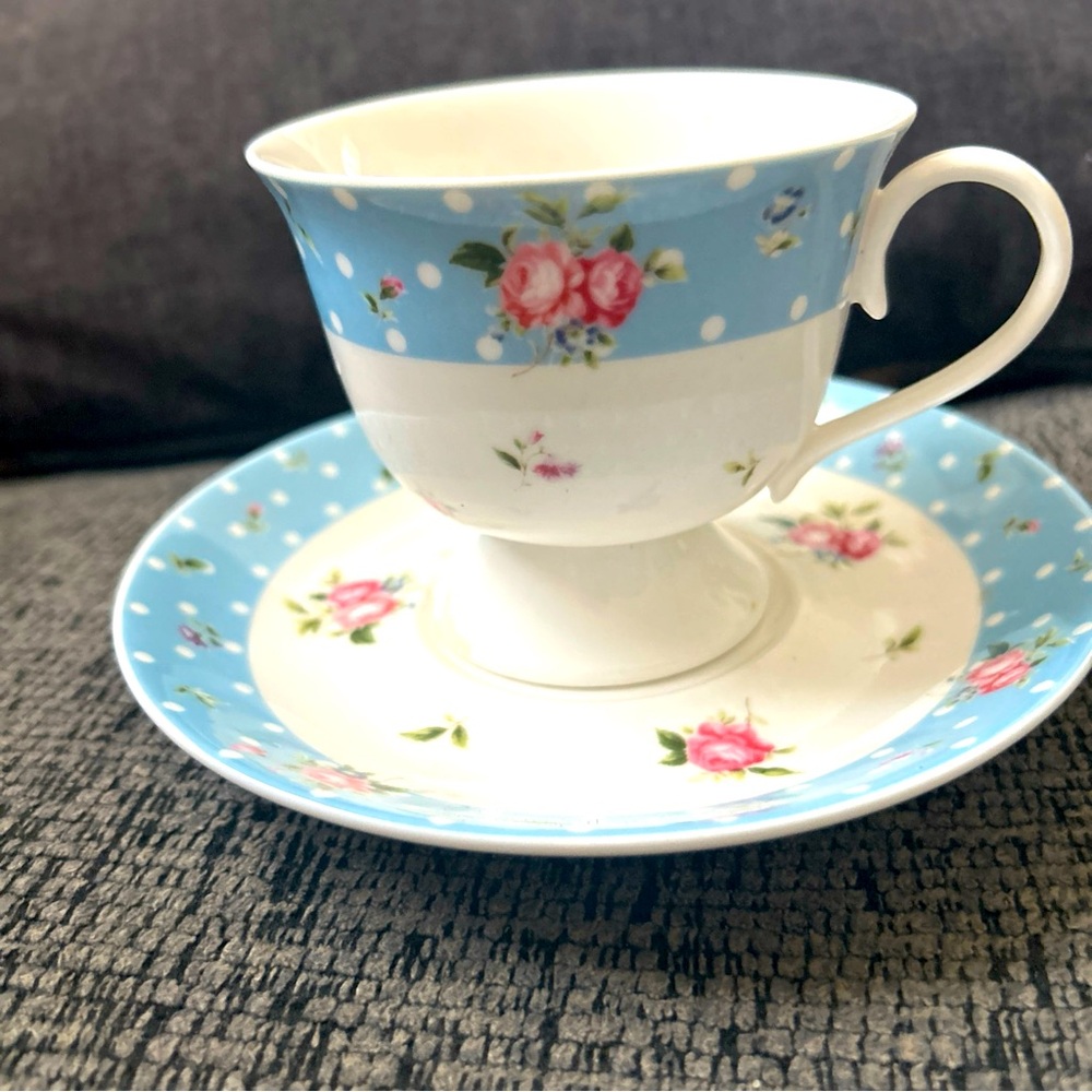 Nantucket Home  Blue and White polka dot pink roses Teacup and Saucer Set